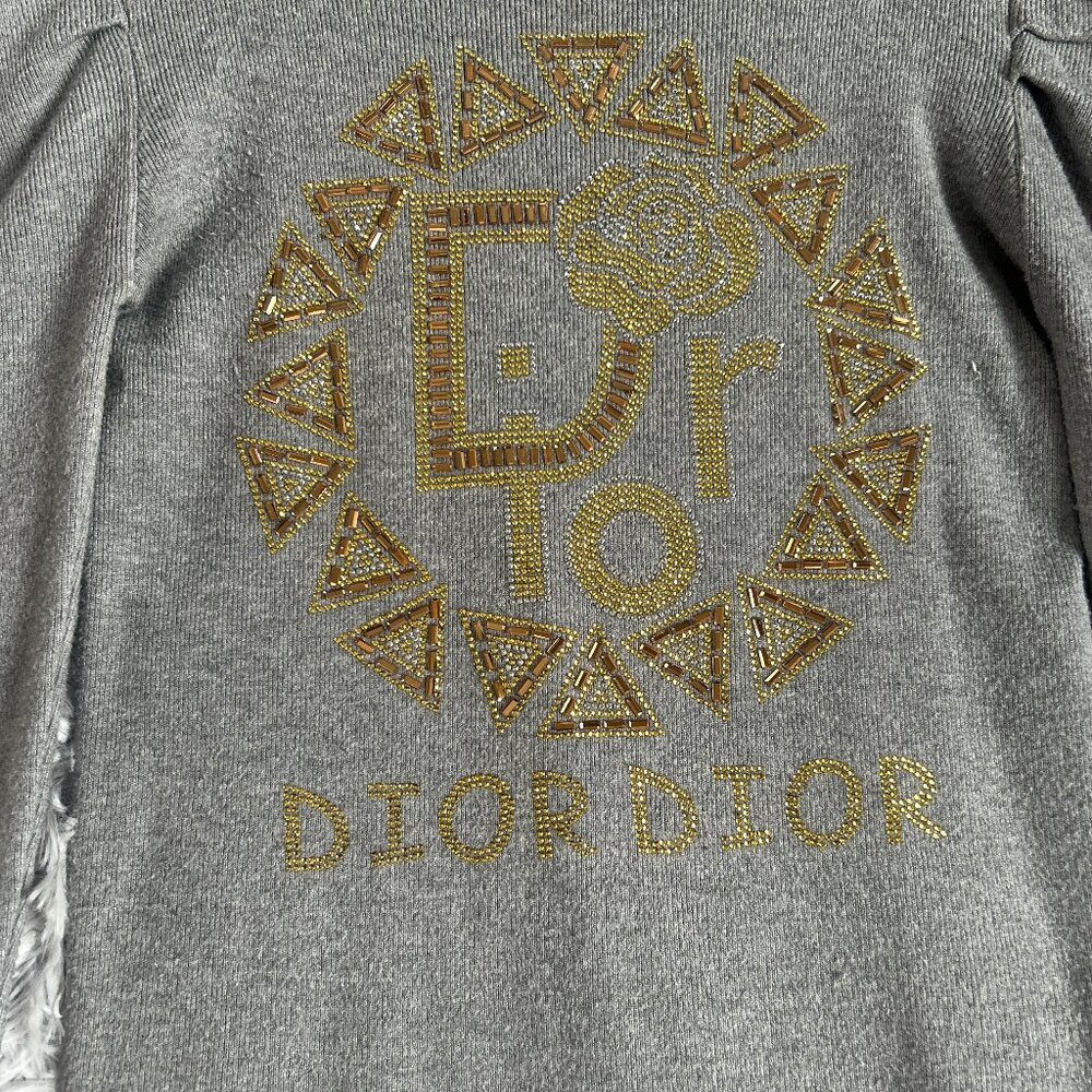 Dior Sweater Womens Small Gray Beaded Rhinestone Logo Puff Sleeve Knit Pullover - Picture 5 of 10